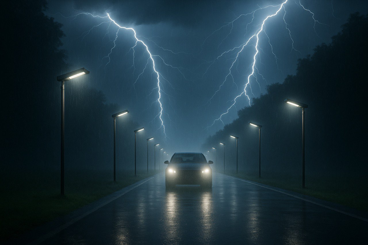 Car with headlights on in the dark night on a wet road, amid lightning and heavy rain.