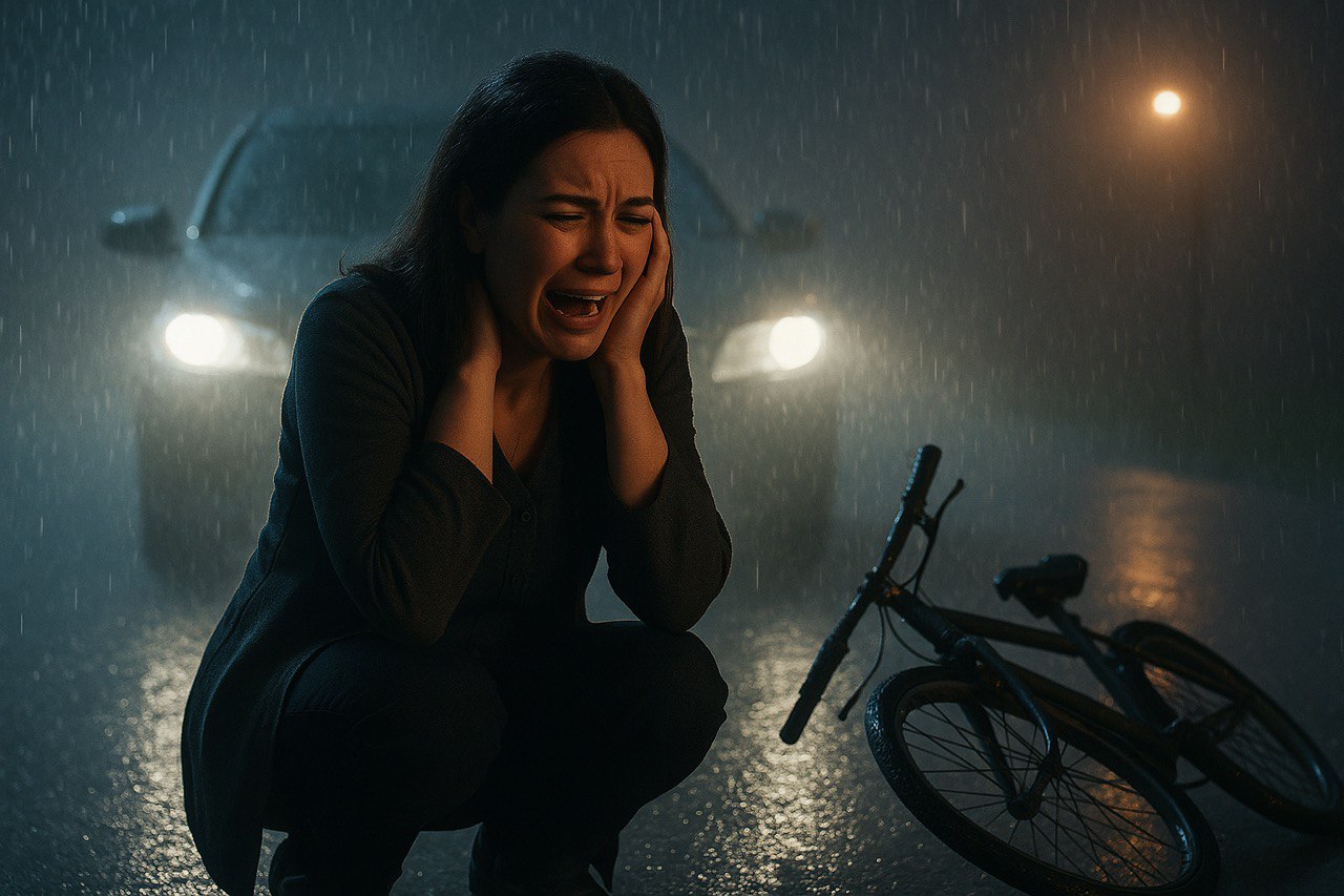 Desperate mother crouched under the rain beside an abandoned bicycle — a haunting symbol of painful absence.