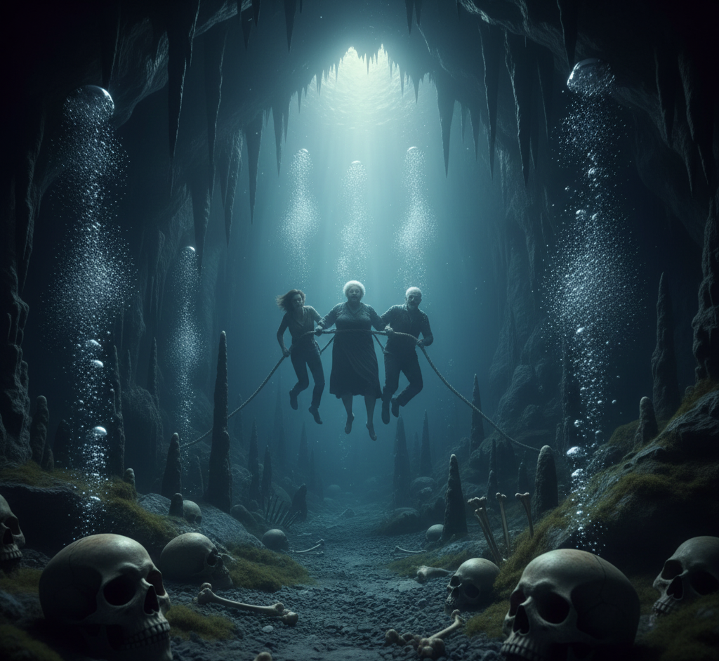 Three people underwater in a submerged cave illuminated by torches, in a scene of great tension and fear.