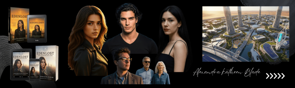 Immagine della saga Edenlost con Leyla al centro insieme a Evelyn, Taylor, Simon, Helen e Adam; a sinistra le cover 3D dei libri in italiano e inglese; a destra la città di Edenlost vista dall’alto.