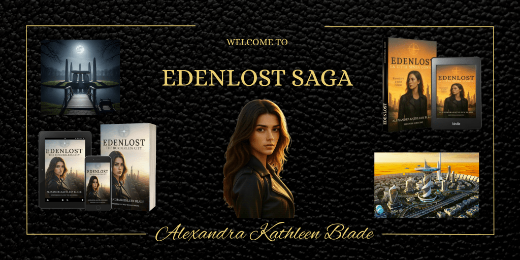 Banner con la protagonista Leyla, copertine dei libri di Alexandra Kathleen Blade e ambientazioni della saga Edenlost
