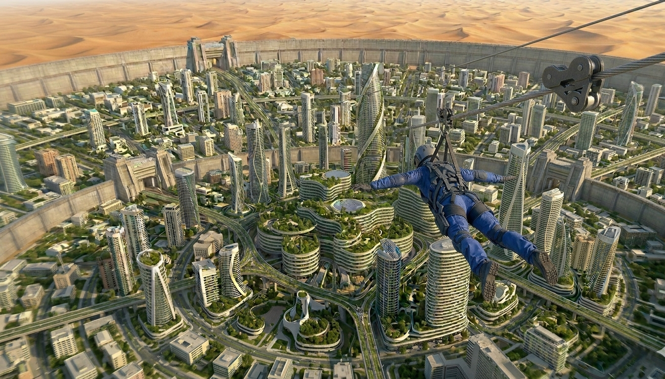 Vista in prima persona di Leyla che vola con una zipline sopra la città futuristica di Edenlost verso il muro di cinta e il deserto.